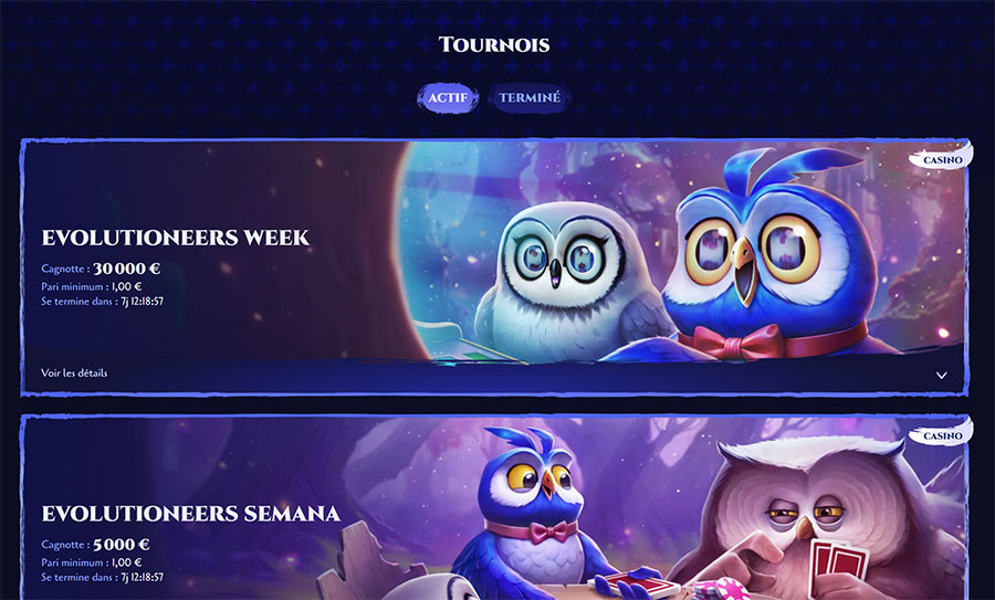page des tournois spinight casino